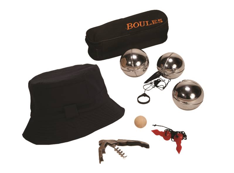 Coffret cadeau : bouteille de vin et set de 3 boules de pétanque  personnalisé